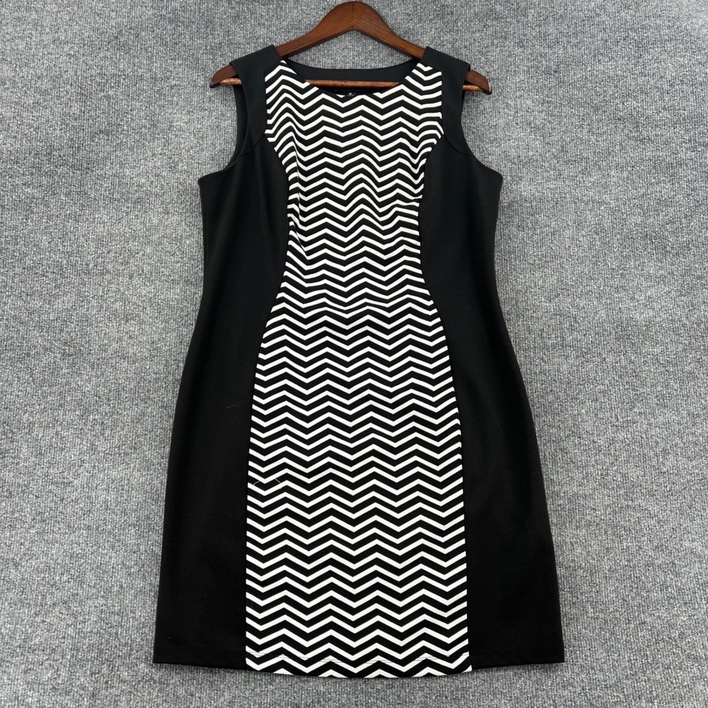 AB Studio Sheath Dress Womens 14 Black White Chevron Sleeveless Mod Professional